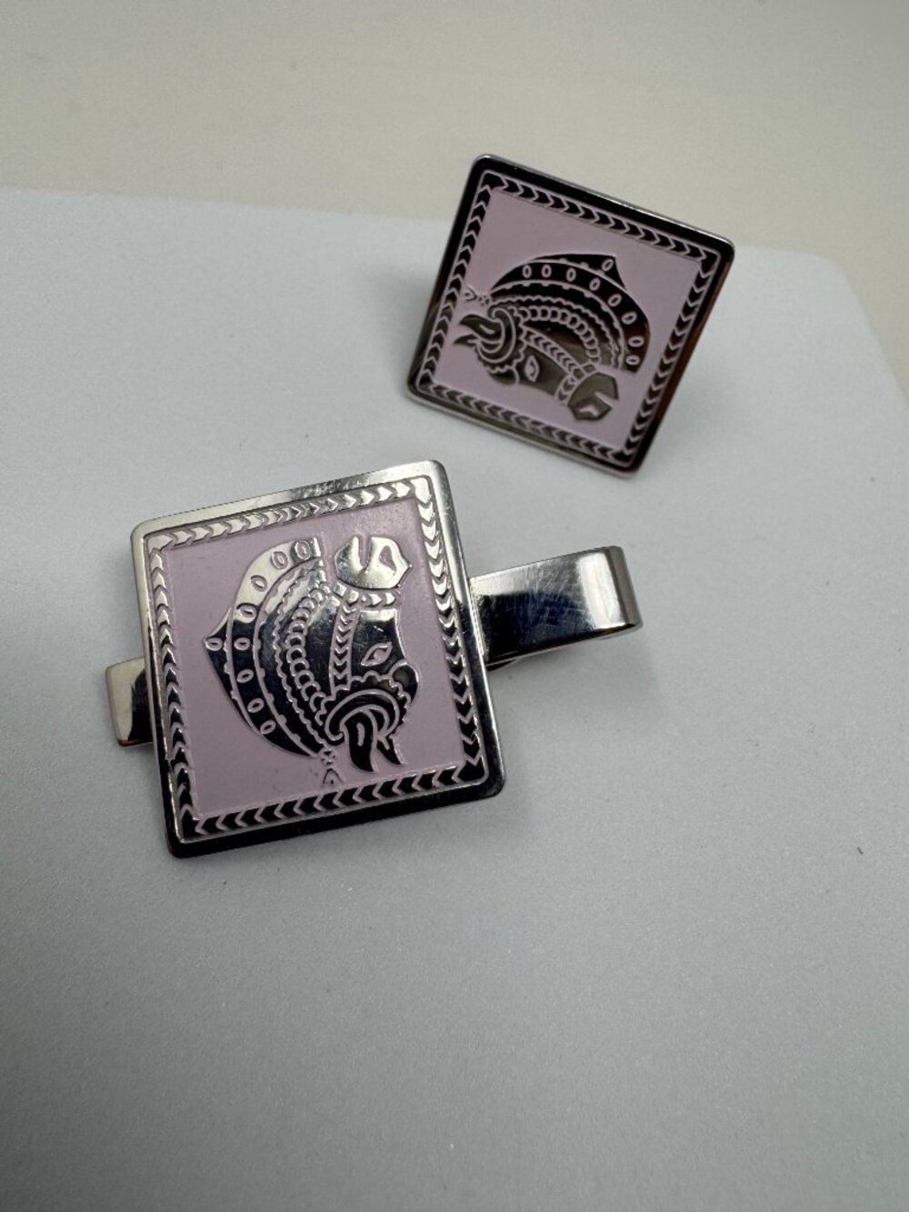 Vintage Swank Lavender Pink Enamel Horse Tie Clip & Single Cufflink